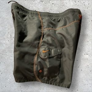 Nike Men's Olive Green and Orange Swim Shorts